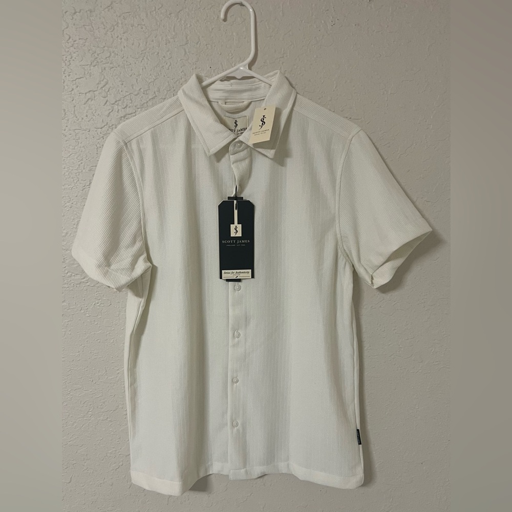 Scott James Mens Polo Button Shirt Size Large Beige Short Sleeve